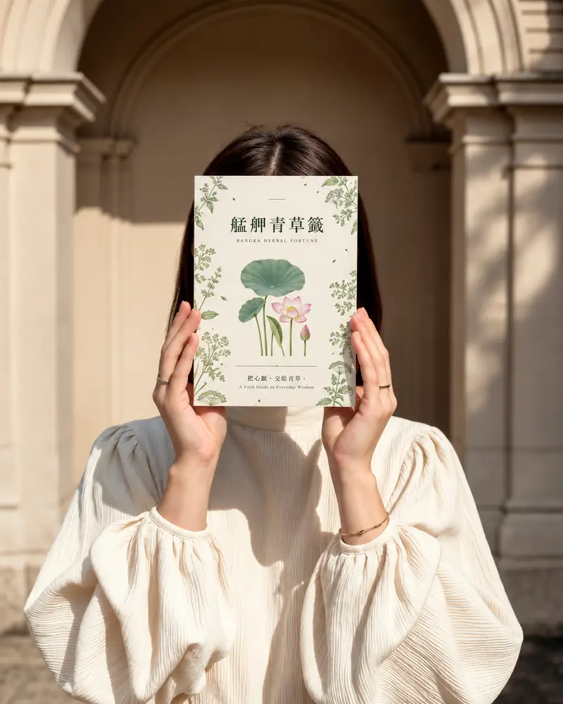 旅人舉起艋舺青草籤圖鑑小冊，封面是荷花與「把心願，交給青草」